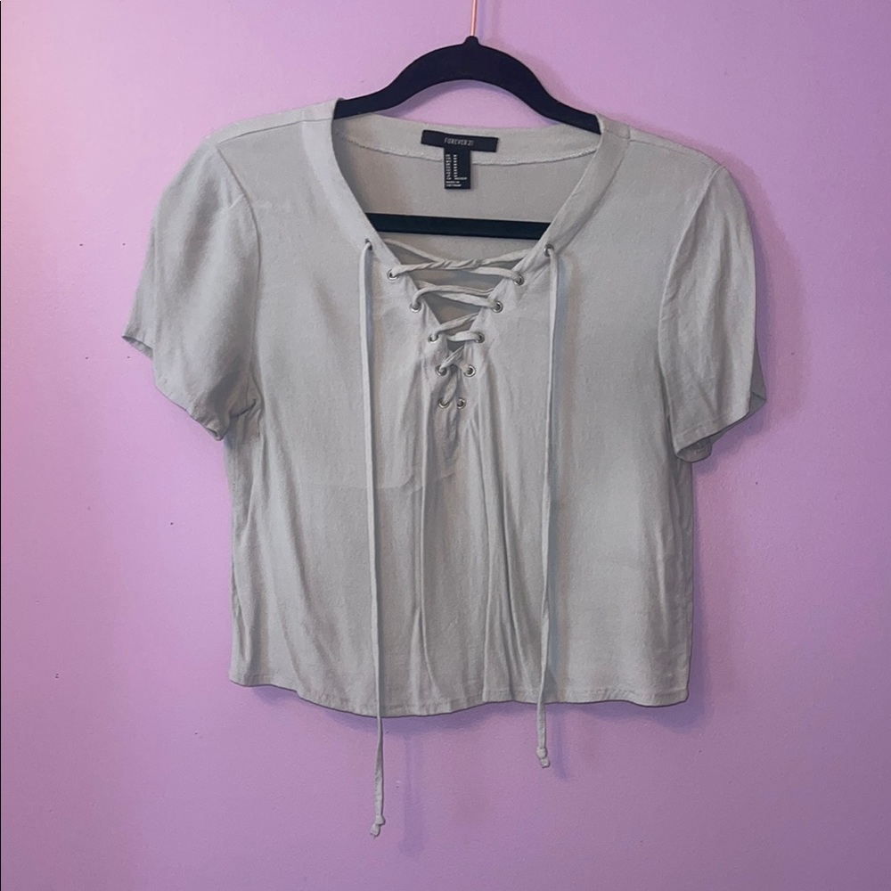 Forever 21 Gray Crop Tie Front Blouse